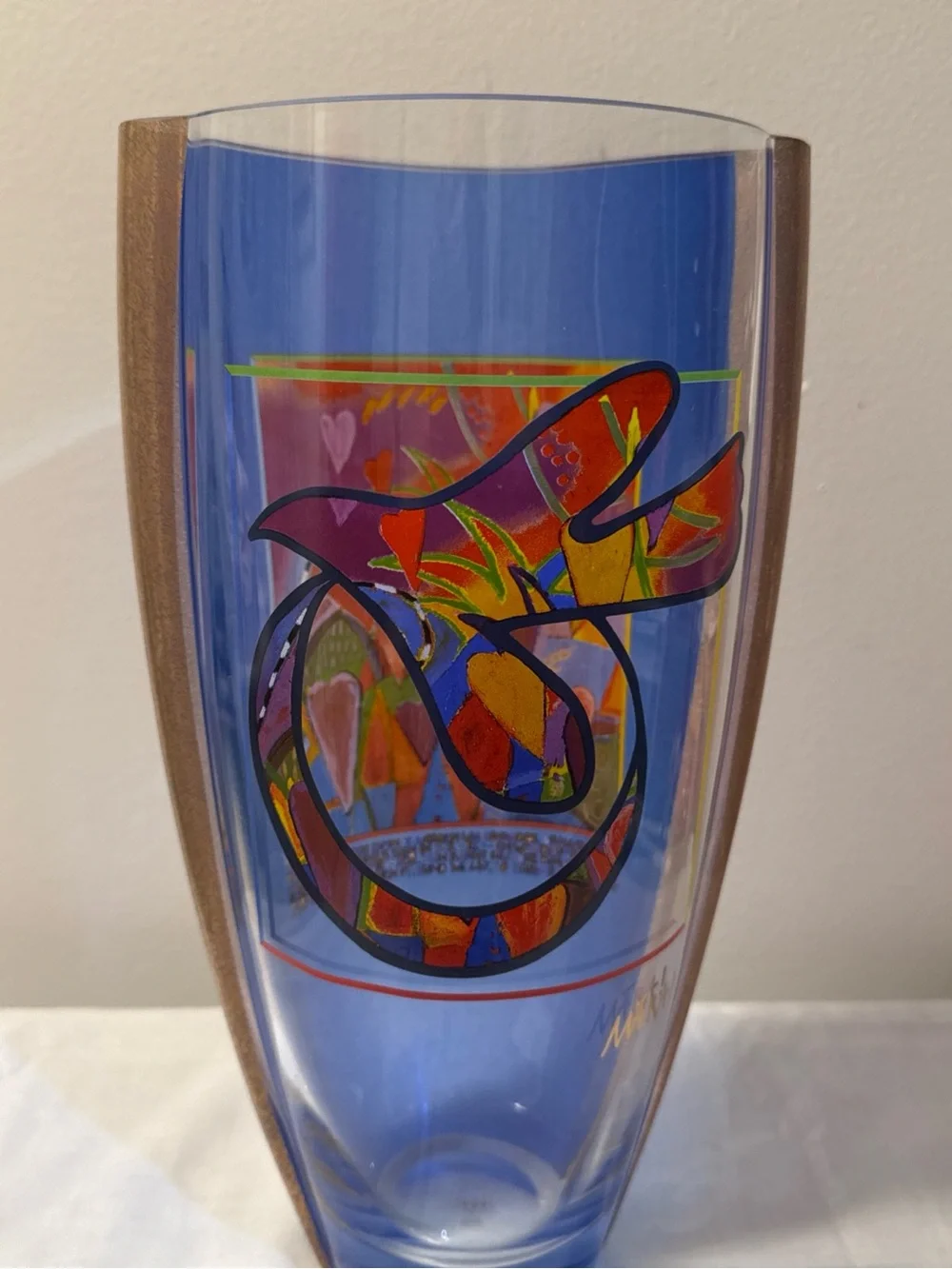 Goebel Blue Glass Vase with Multicolor Heart Motif signed MARA! 30cm tall